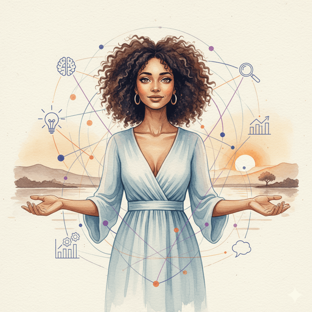 Femme méditant avec des éléments graphiques.